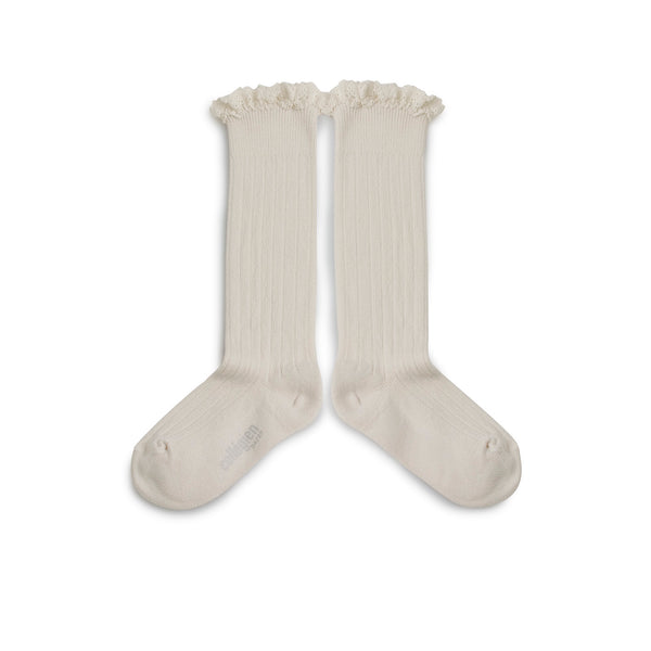 Josephine - Lace Trim Ribbed Knee-high Socks - 908 Bianco Neige