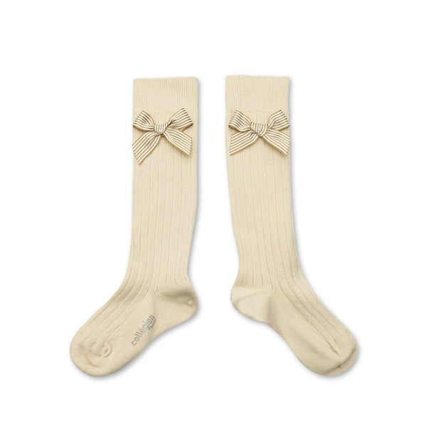 Marinette - Ribbed Knee-high socks w Striped Bow - 037 Doux Agneaux