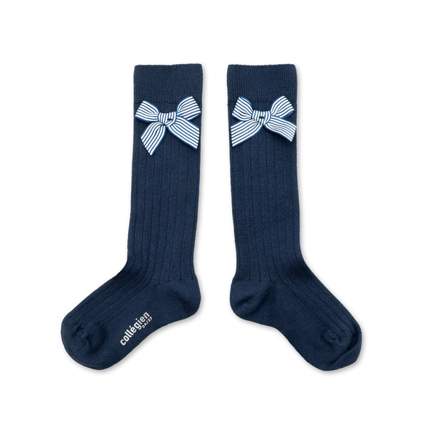 Marinette - Ribbed Knee-high socks w Striped Bow - 044 Nuit Etoile