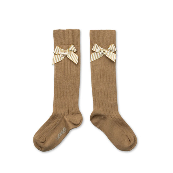 Marinette - Ribbed Knee-high socks w Striped Bow - 226 Petite Taupe