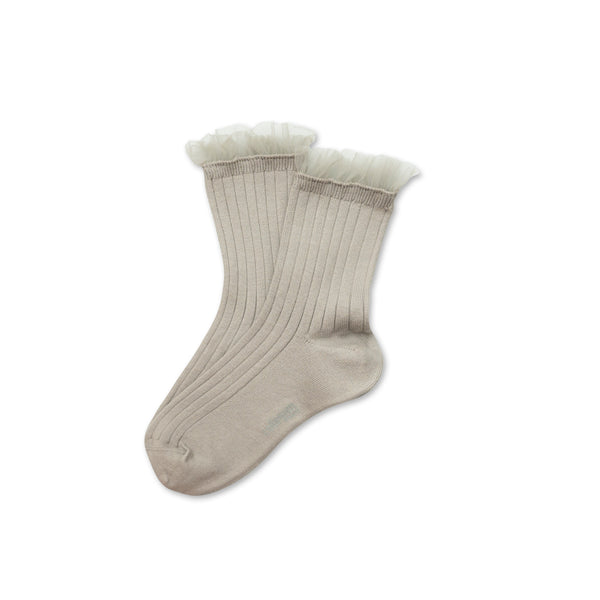 Margaux - Tulle Frill Ribbed Ankle Socks - 105 - Gris Perle
