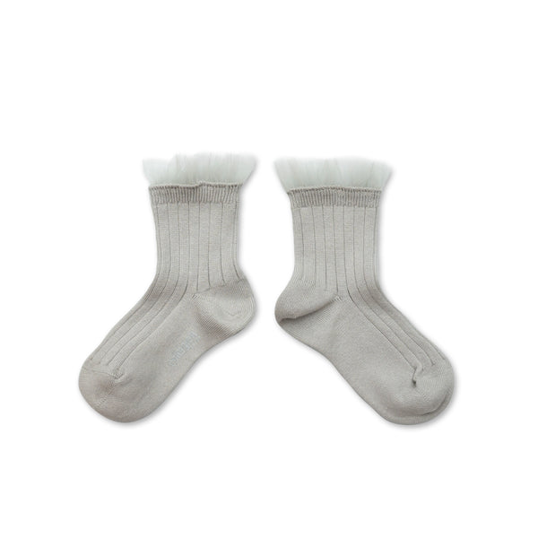 Margaux - Tulle Frill Ribbed Ankle Socks - 105 - Gris Perle