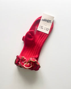 3467 Anémone - Embroidered Ruffle Ribbed Ankle Socks - 502 Coquelicot