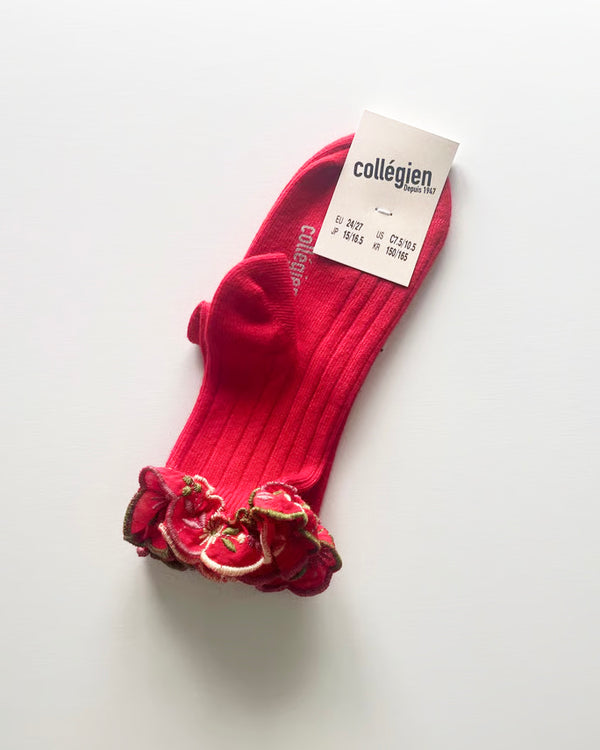 3467 Anémone - Embroidered Ruffle Ribbed Ankle Socks - 502 Coquelicot