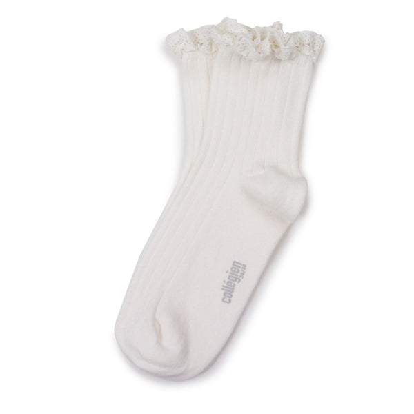 3455 Lili - Lace Trim Ribbed Ankle Socks - 908 Blanc Neige