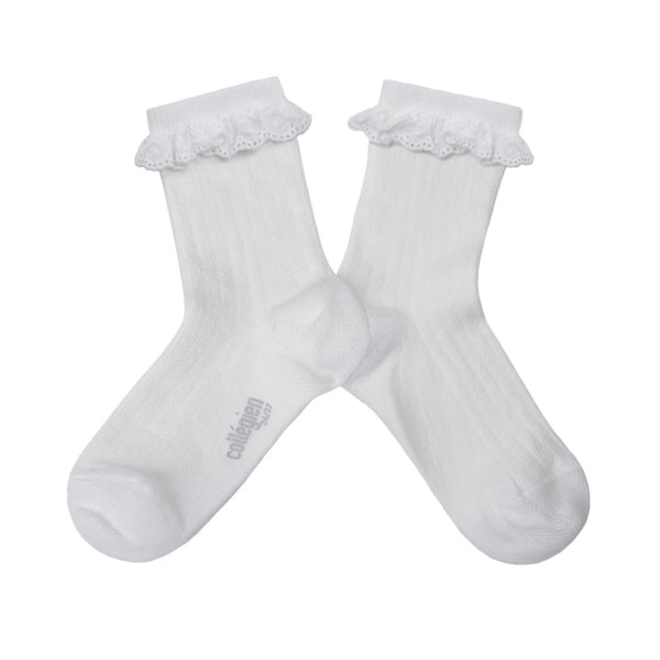 9554 Pauline - Lightweight Ribbed Socks with Broderie Anglaise - 908 Blanc Neige
