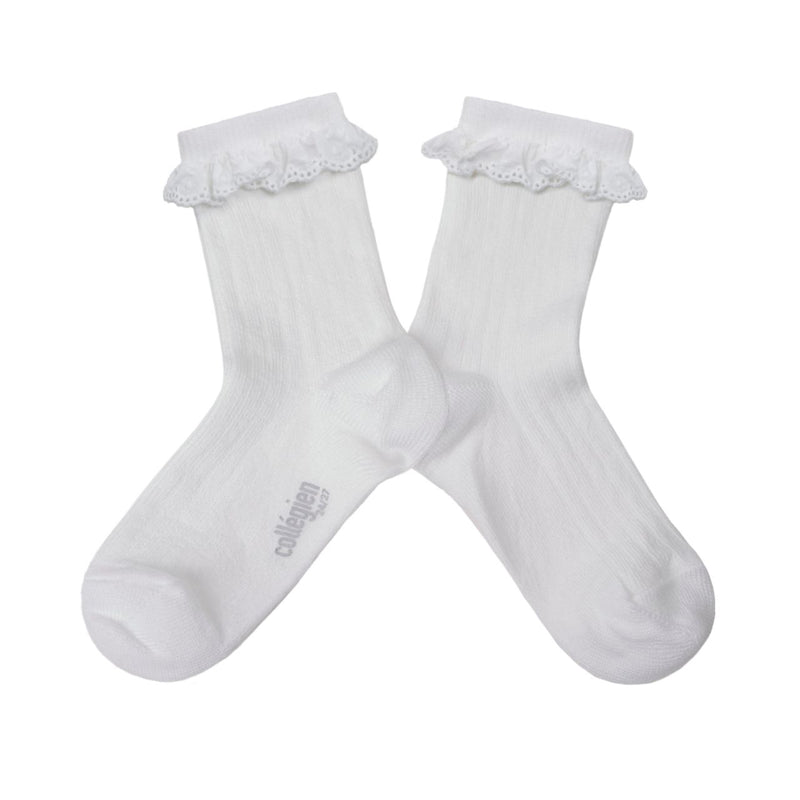 9554 Pauline - Lightweight Ribbed Socks with Broderie Anglaise - 908 Blanc Neige