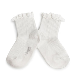 3455 Lili - Lace Trim Ribbed Ankle Socks - 908 Blanc Neige