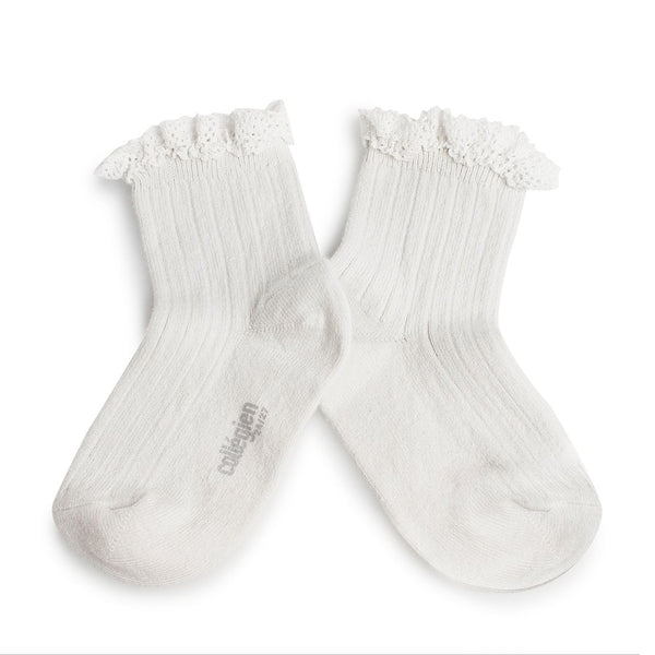 3455 Lili - Lace Trim Ribbed Ankle Socks - 908 Blanc Neige