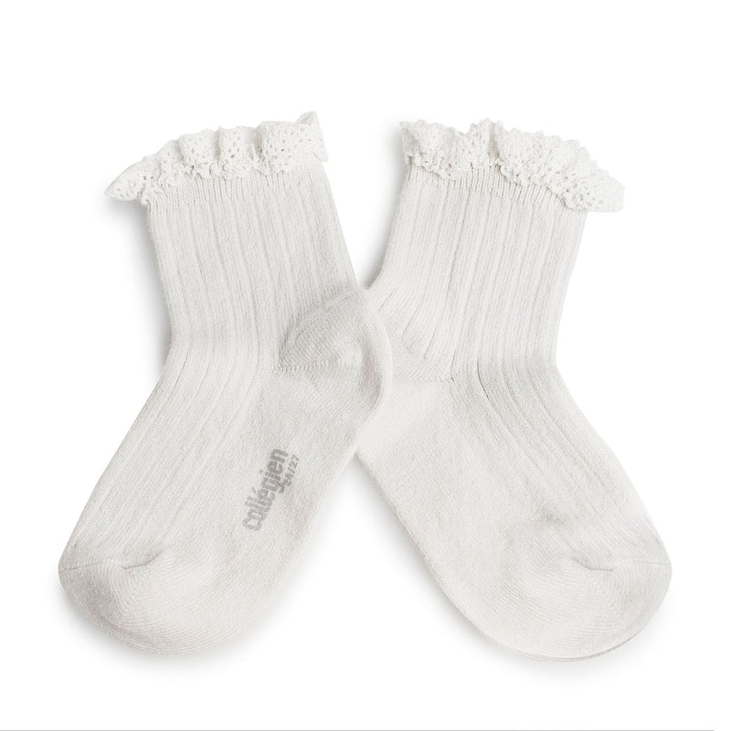 3455 Lili - Lace Trim Ribbed Ankle Socks - 908 Blanc Neige