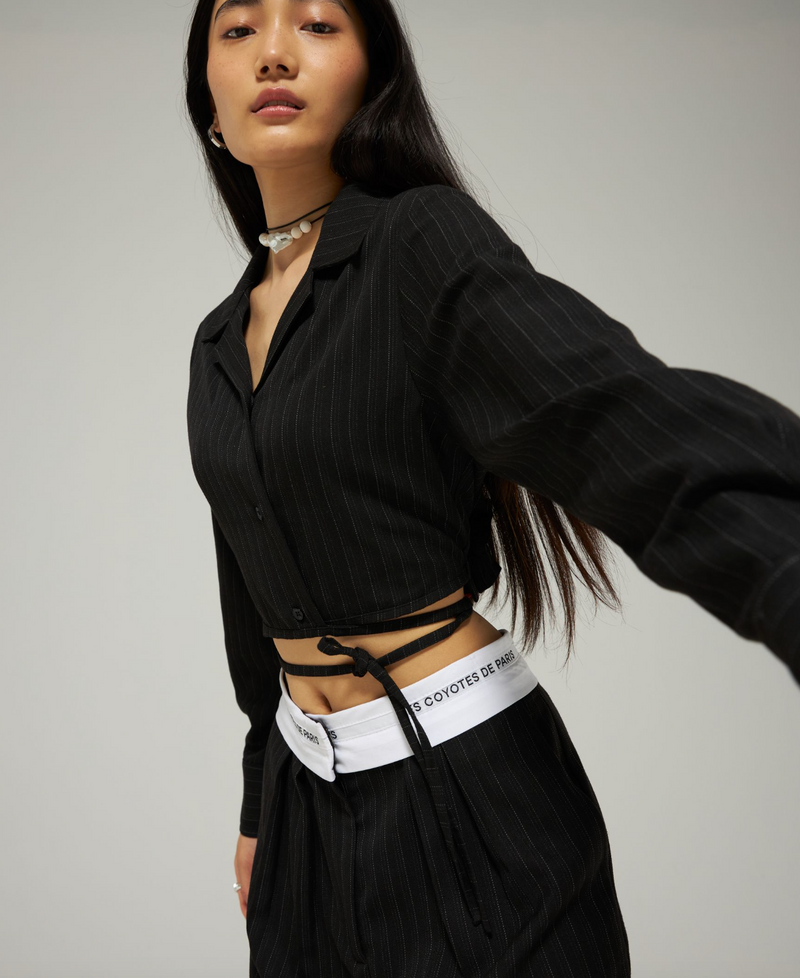 Inside out waistband trousers - black pinstripe
