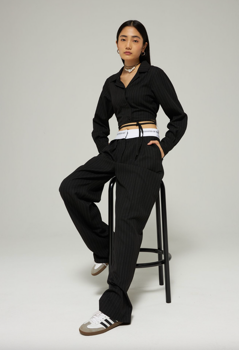 Inside out waistband trousers - black pinstripe