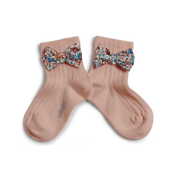 Béatrice - Ribbed Ankle Socks with Liberty Bow - 331 - Vieux Rose