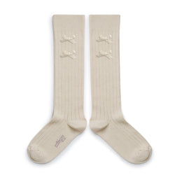 2966 Hortense - Ribbed Knee-high Socks with Velvel Bows - 037 Doux Agneaux