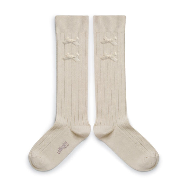 2966 Hortense - Ribbed Knee-high Socks with Velvel Bows - 037 Doux Agneaux