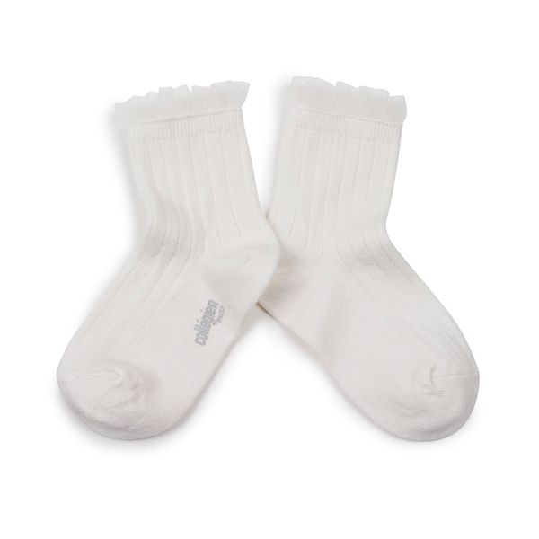 Margaux - Tulle Frill Ribbed Ankle Socks - 908 - Blanc Neige