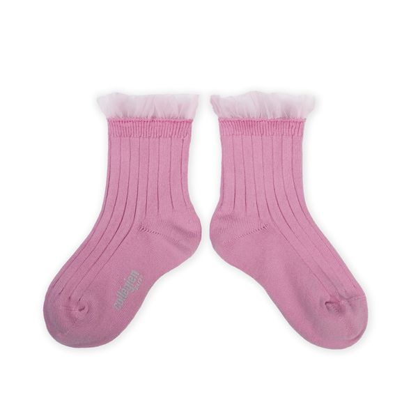 Margaux - Tulle Frill Ribbed Ankle Socks - 600 - Rose Bonbon