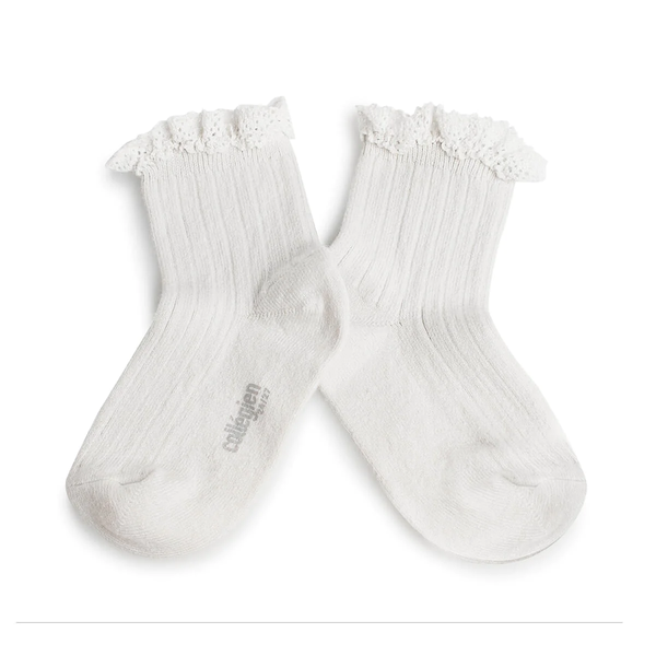 Lili - Lace Trim Ribbed Ankle Socks - 908 - Blanc Neige