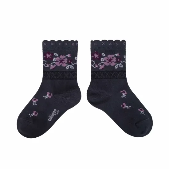 3465 Camélia - Jacquard Flower Ankle Socks - 783 Pierre de Volvic