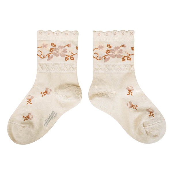 3465 Camélia - Jacquard Flower Ankle Socks - 037 Doux Agneaux
