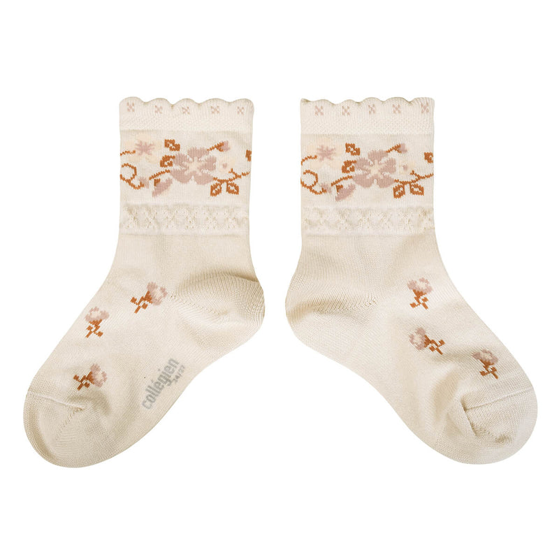 3465 Camélia - Jacquard Flower Ankle Socks - 037 Doux Agneaux
