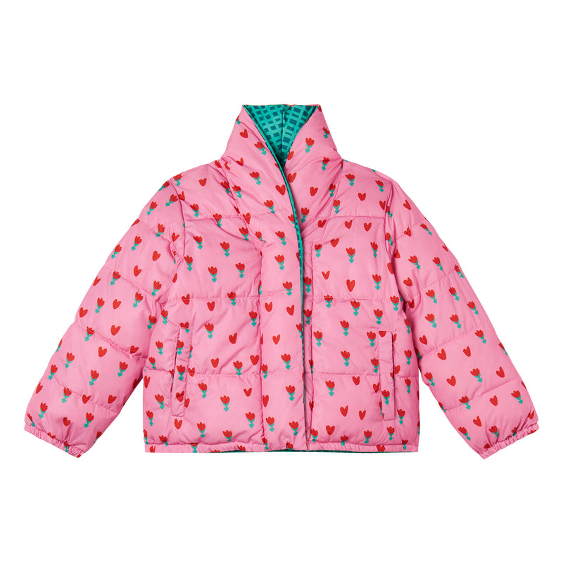 GIRL HEARTS AND TULIPS REVERSIBLE PUFFER - 547MC PINK