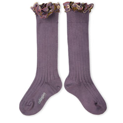 2967 Eglantine - Embroidered Ruffle Ribbed Knee-high - 406 Glycine du Japon