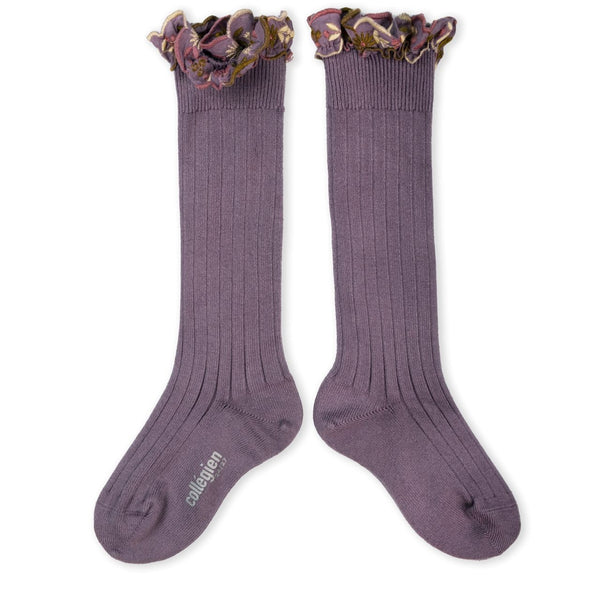 2967 Eglantine - Embroidered Ruffle Ribbed Knee-high - 406 Glycine du Japon