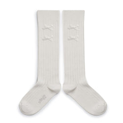 2966 Hortense - Ribbed Knee-high Socks with Velvel Bows - 908 Blanc Neige