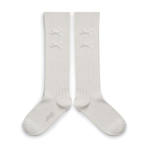 2966 Hortense - Ribbed Knee-high Socks with Velvel Bows - 908 Blanc Neige