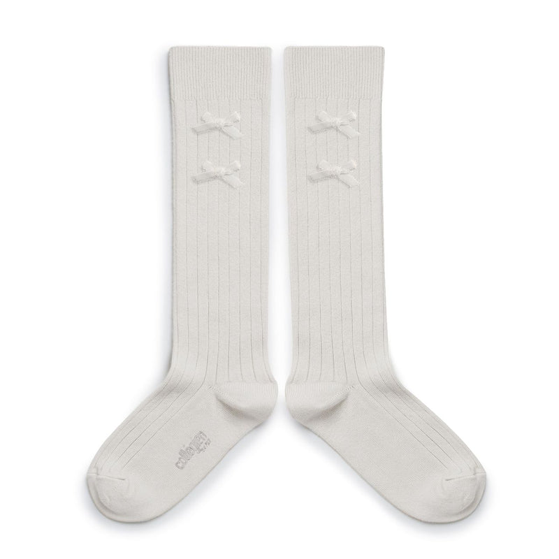 2966 Hortense - Ribbed Knee-high Socks with Velvel Bows - 908 Blanc Neige