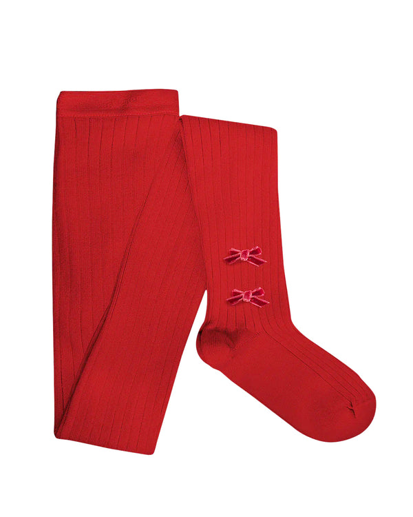 5991 Capucine - Ribbed Tights with Velvet Bows - 502 Coquelicot