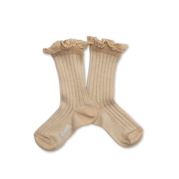 6062 Victorine - Glitter Ribbed Crew Socks with Lace Trim - 037 Doux Agneaux