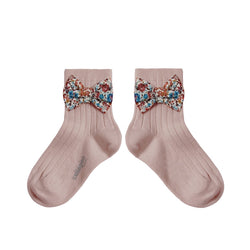 3454 Béatrice - Ribbed Ankle Socks with Liberty Bow - 331 Vieux Rose