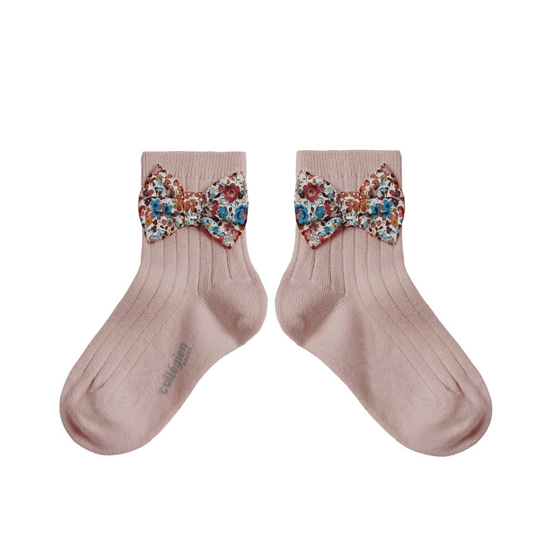 3454 Béatrice - Ribbed Ankle Socks with Liberty Bow - 331 Vieux Rose